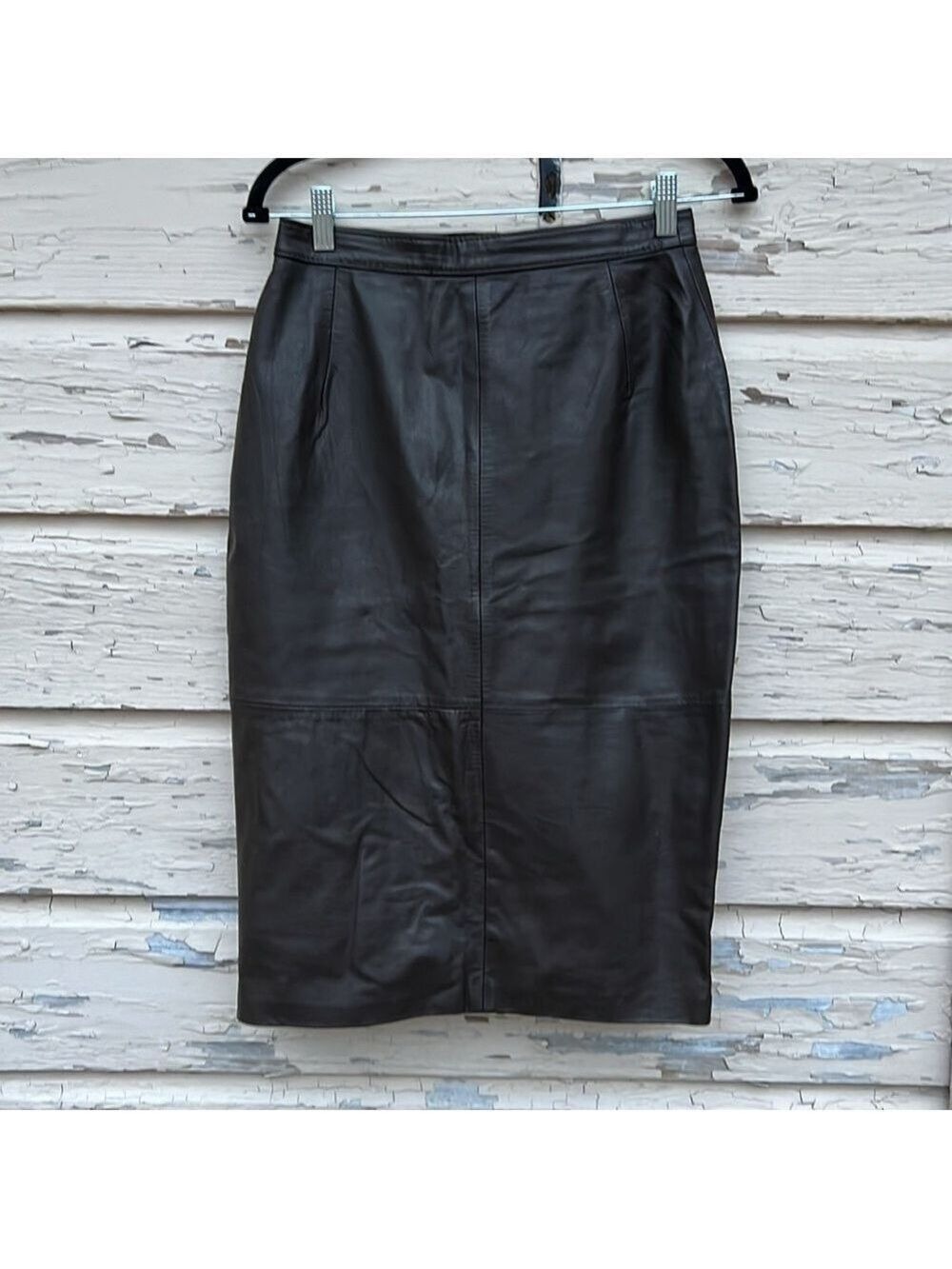 Vintage Comint 80s 90s Pencil Wiggle Leather Midi Skirt Espresso Quiet Luxury